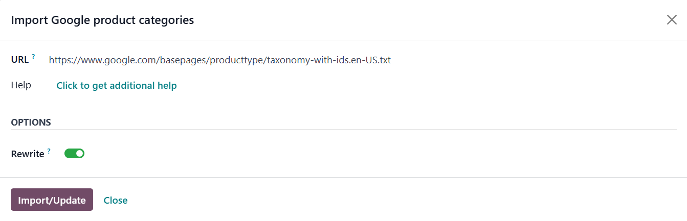 Odoo 18.0 Google Product Categories Popup